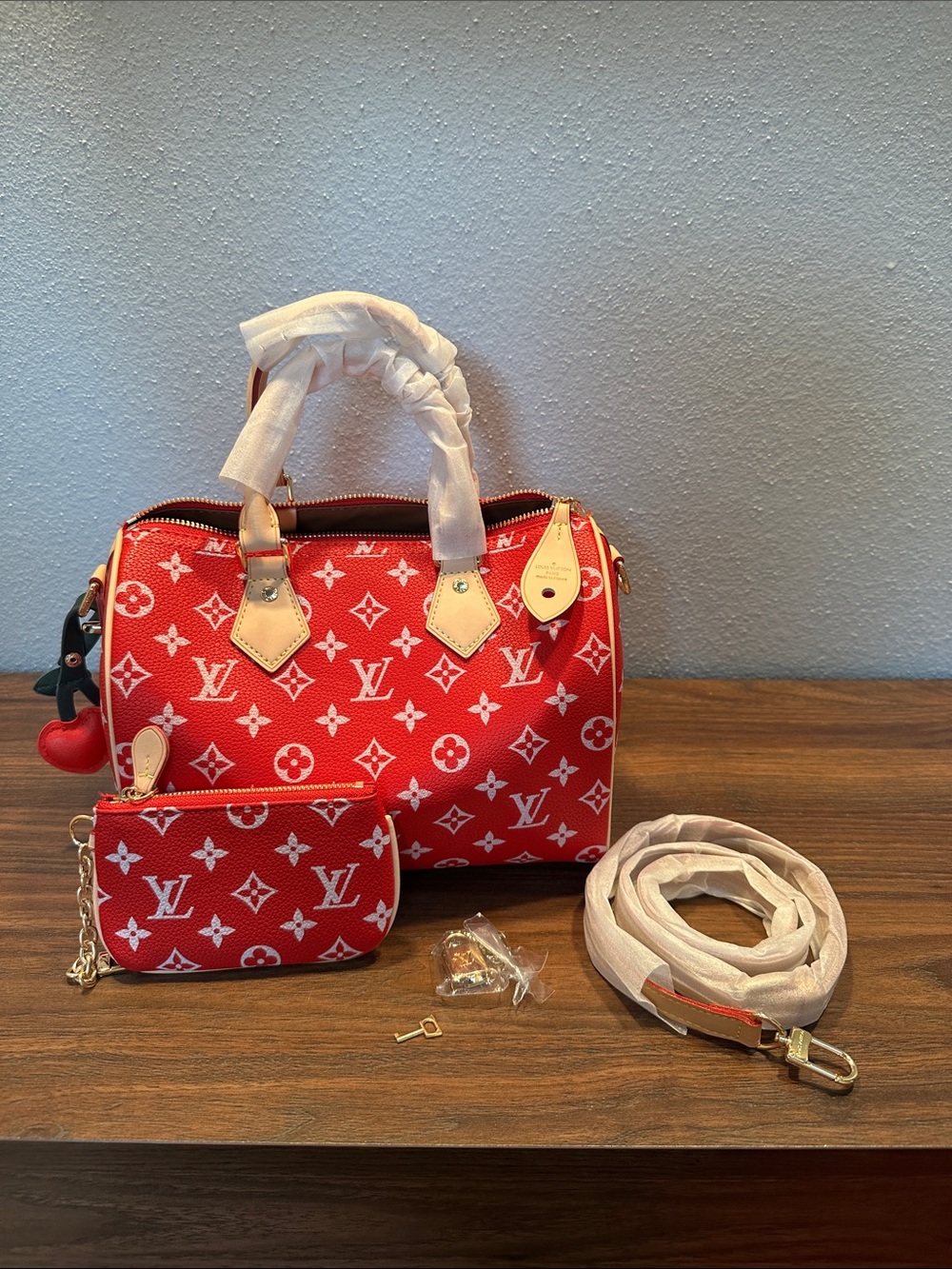INSPIRED Red Monogram Satchel with Pouch Size 25 P9 - Picture 13 of 16